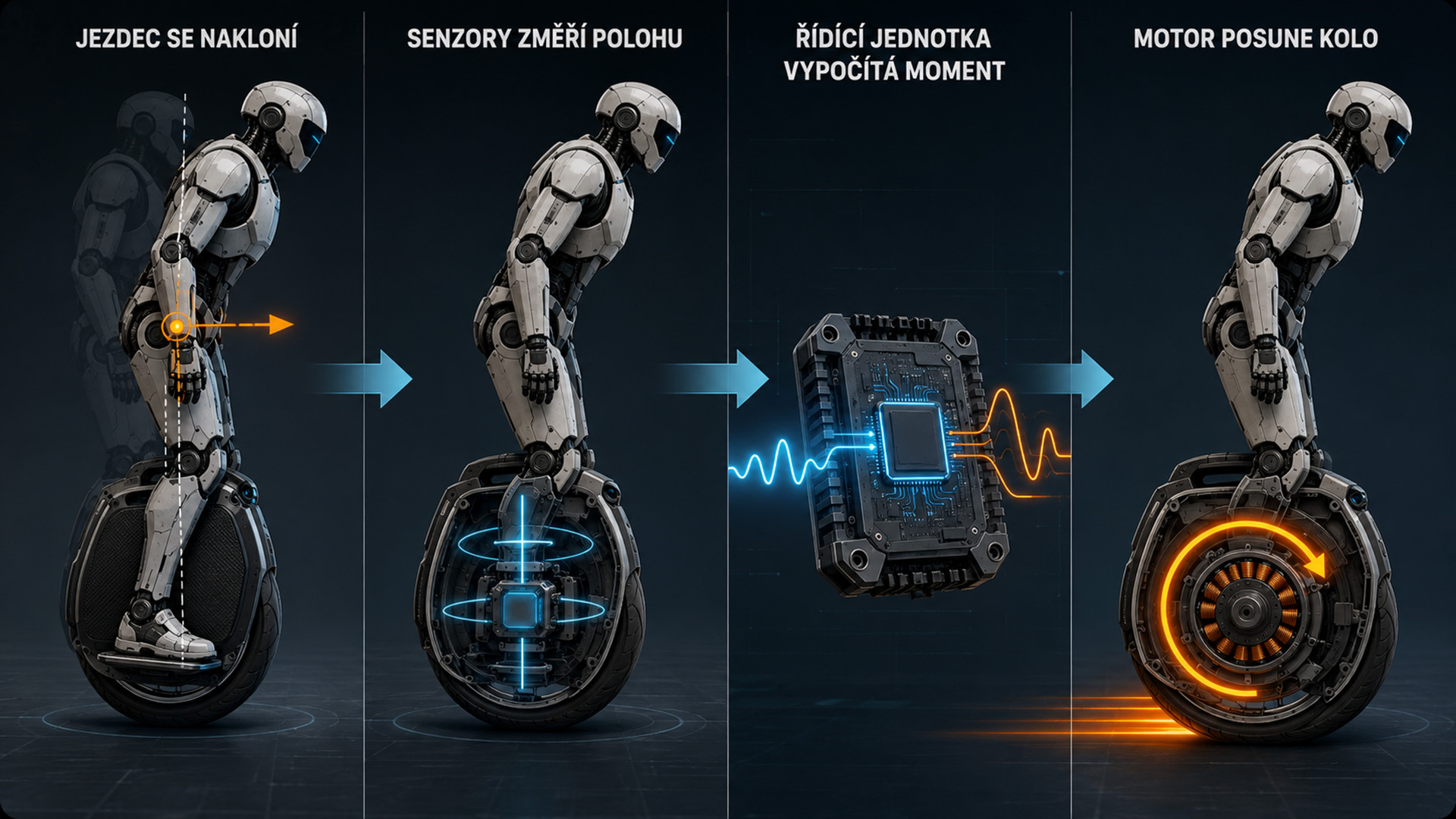 Schéma fungování samovyvažování elektrické jednokolky